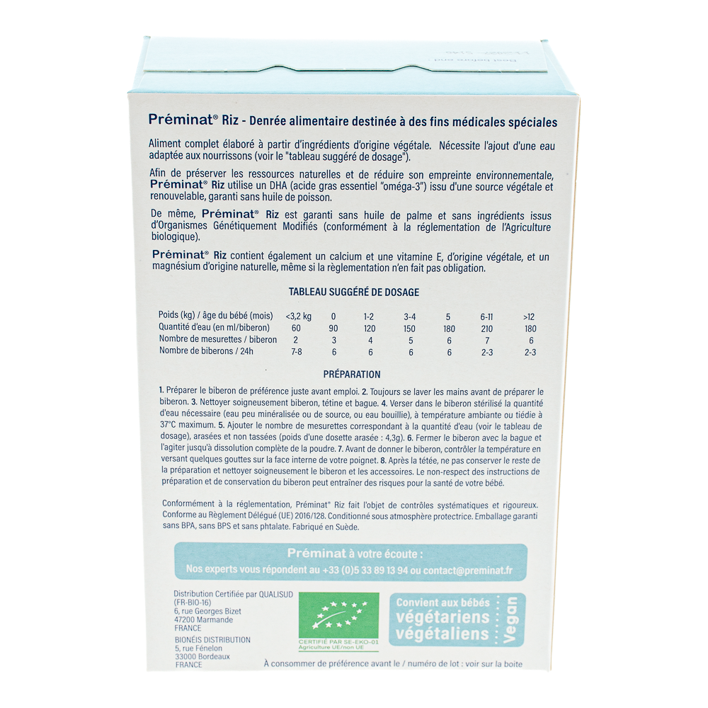 Préminat Riz Vegan Organic Baby Formula preparation guidelines and dosage label